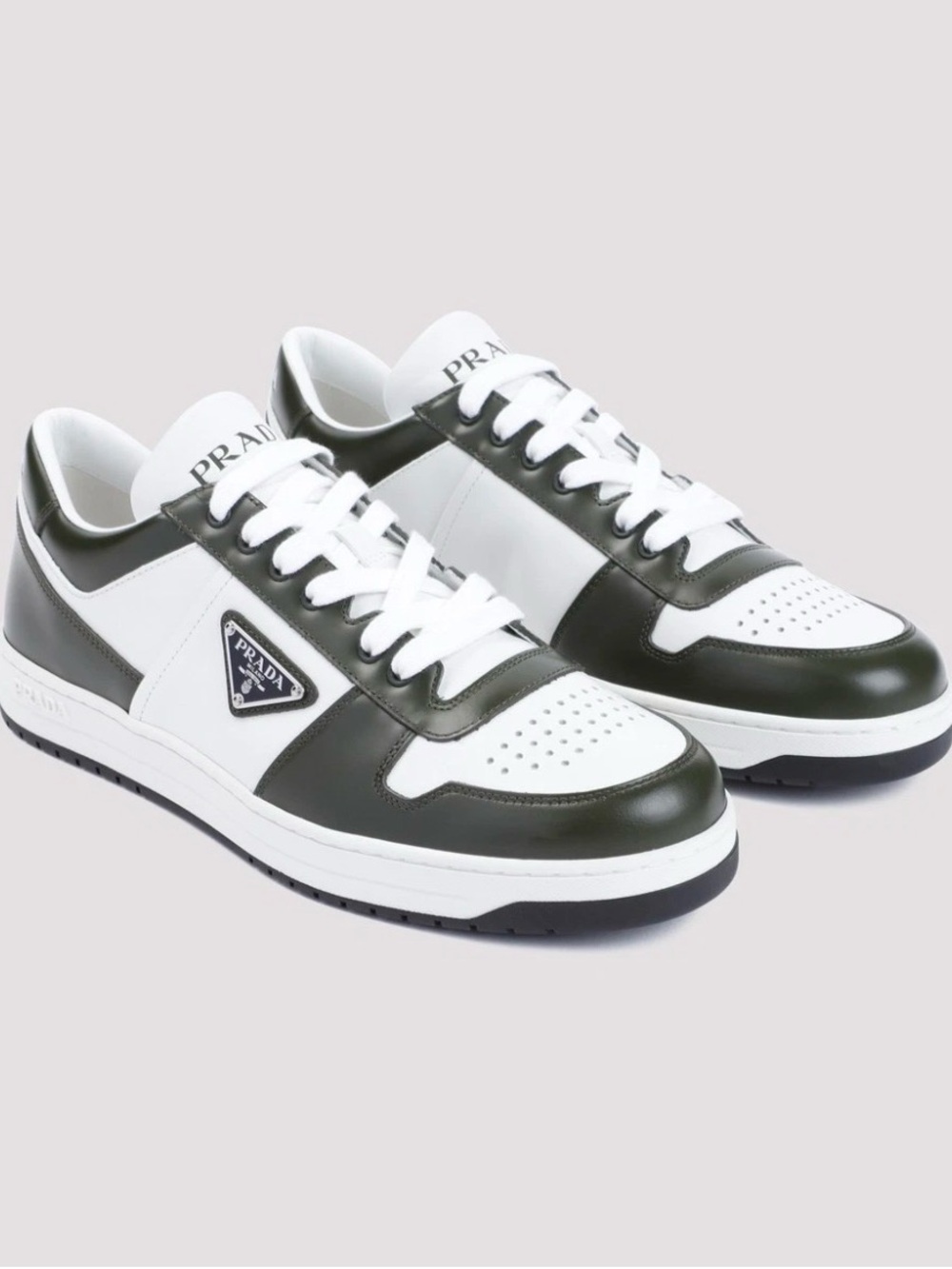 Prada Downtown Men’s White & Dark Green Leather Low-Top Sneakers